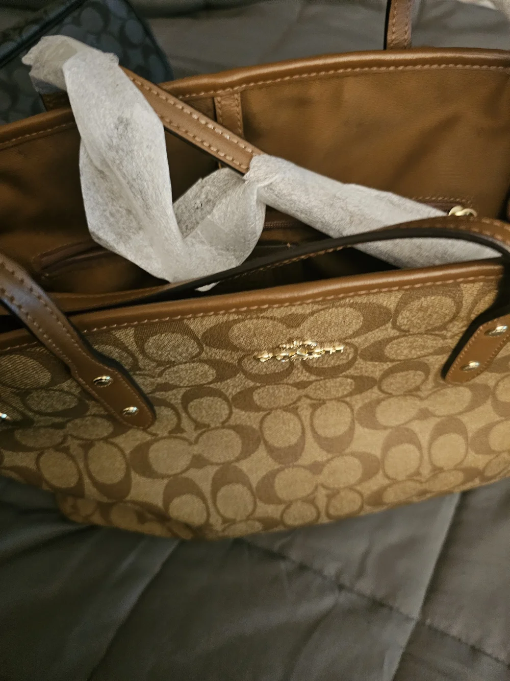 Coach Brown Signature Canvas Shoulder Tote with Tan Leather Trim